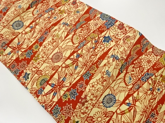 JAPANESE NAGOYA OBI / TSUMUGI / PLANT DYES / KATAZOME / SHOCHIKUBAI